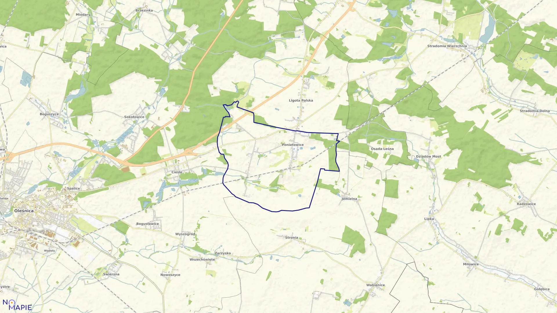 Mapa obrębu Poniatowice w gminie Oleśnica